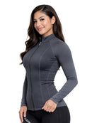 Sharkskin Performance T2 Long Sleeve Full Zip Top for Women Reef Green Back View Charcoal Lifestyle